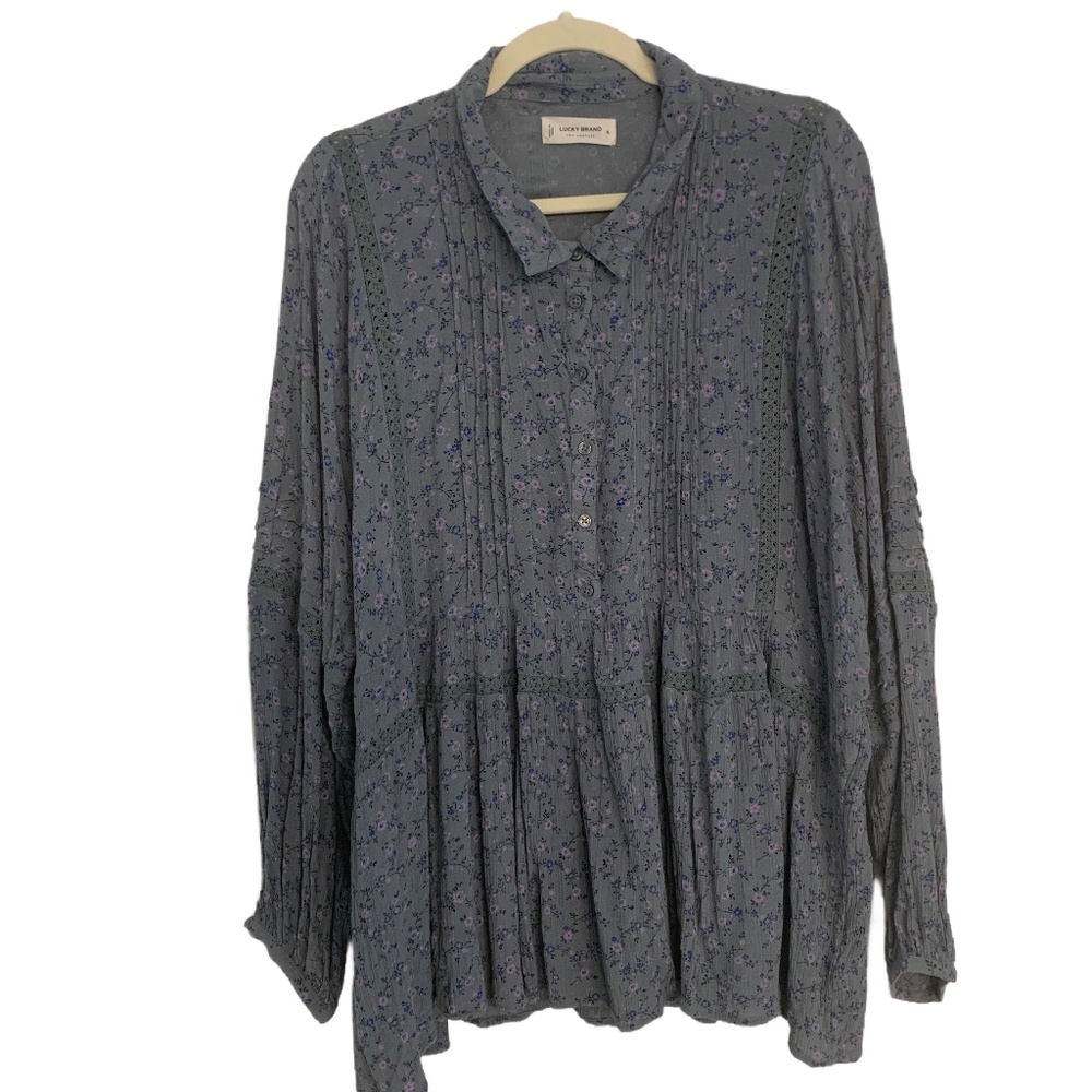 Lucky Brand floral pullover top - Lace inset - Balloon sleeve - Women's size XL